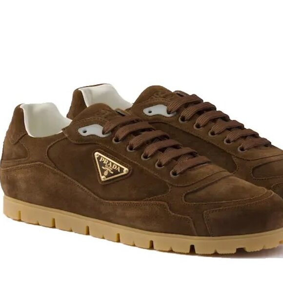 PRADA Mens Trail Triangle Logo Suede Lace Up Low Top Sneakers Shoes Moro - Picture 3 of 15
